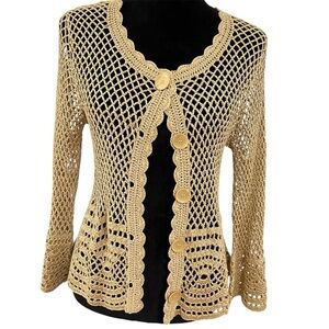 Jones New York Camel Crochet Cardigan Boho Knit Button Front Sweater Size M